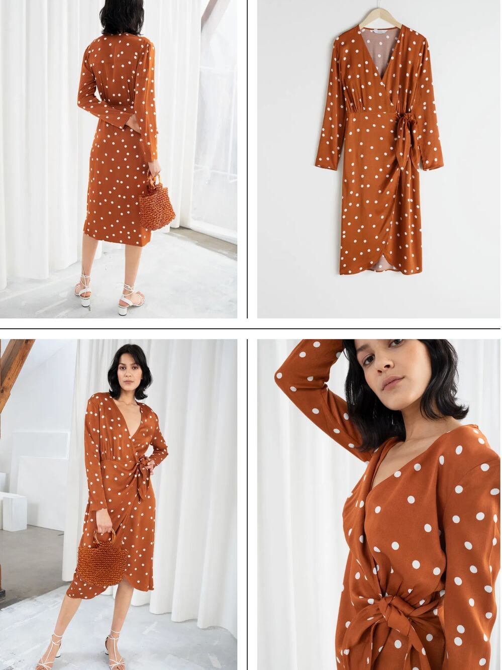 & Other Stories Satin Dotted Rust Wrap Dress size 36
